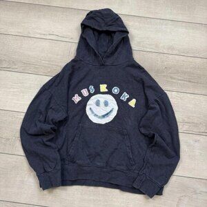Y2K Muskoka Smiley Face Hoodie L Navy Made in Canada Hand-Drawn Vintage Skater